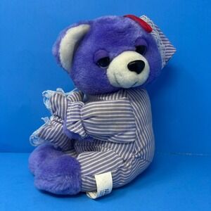 Nanco Sleepy Teddy Bear 7 inch Violet Purple Striped Pajamas Stocking Hat Vtg